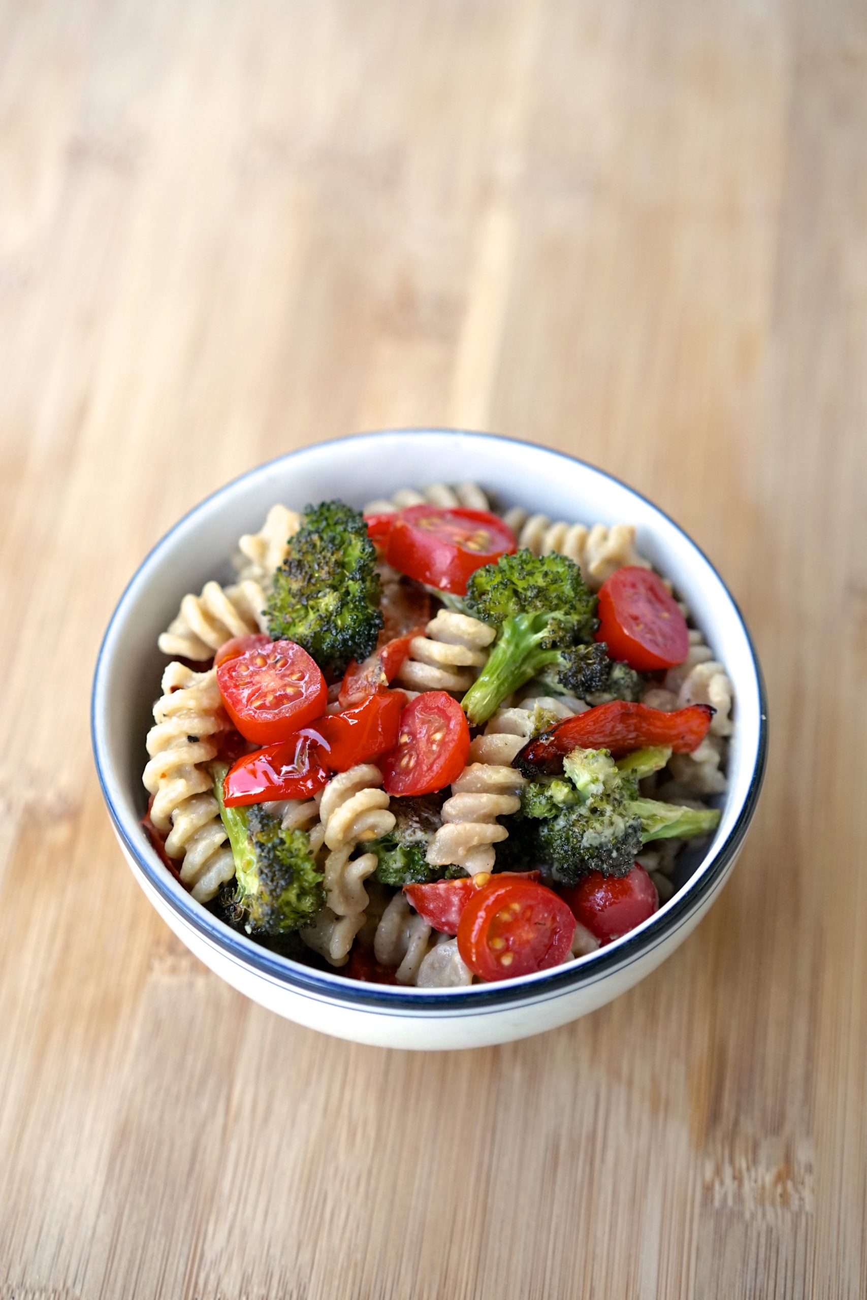 Pasta With Roasted Vegetables Creamy Hummus Sauce Living Healthy In Seattle