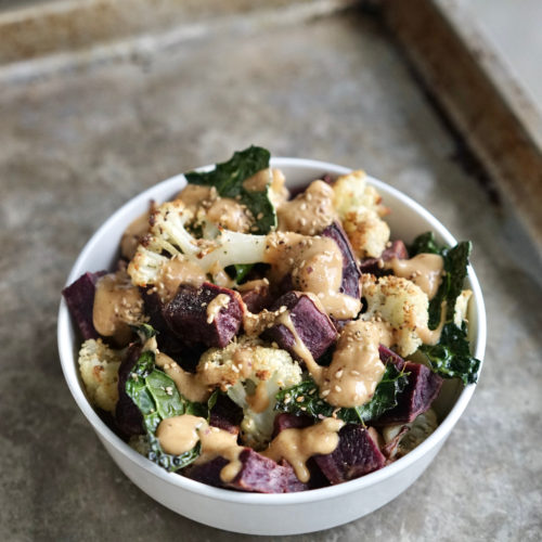 Roasted Purple Sweet Potato, Cauliflower & Kale with Peanut Miso Dressing | Living Healthy in Seattle