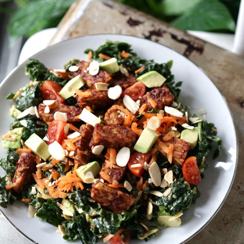 Vegan Blue Cheese Kale Salad with BBQ Tempeh