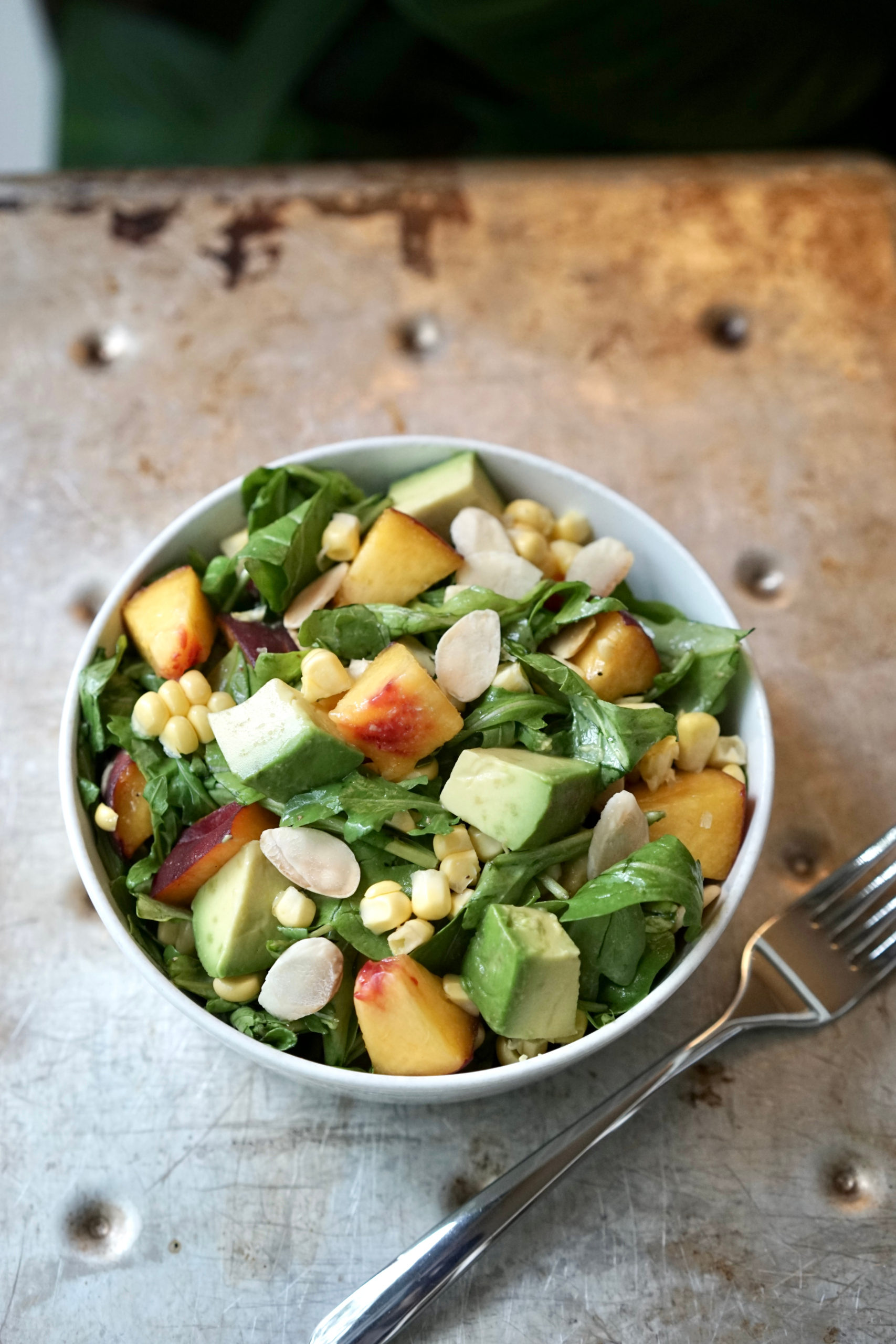 Balsamic Peach & Corn Salad with Arugula & Avocado | Living Healthy in Seattle