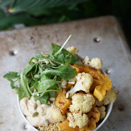 Lemony Couscous with Roasted Delicata Squash, Cauliflower, Hummus & Arugula | Living Healthy in Seattle