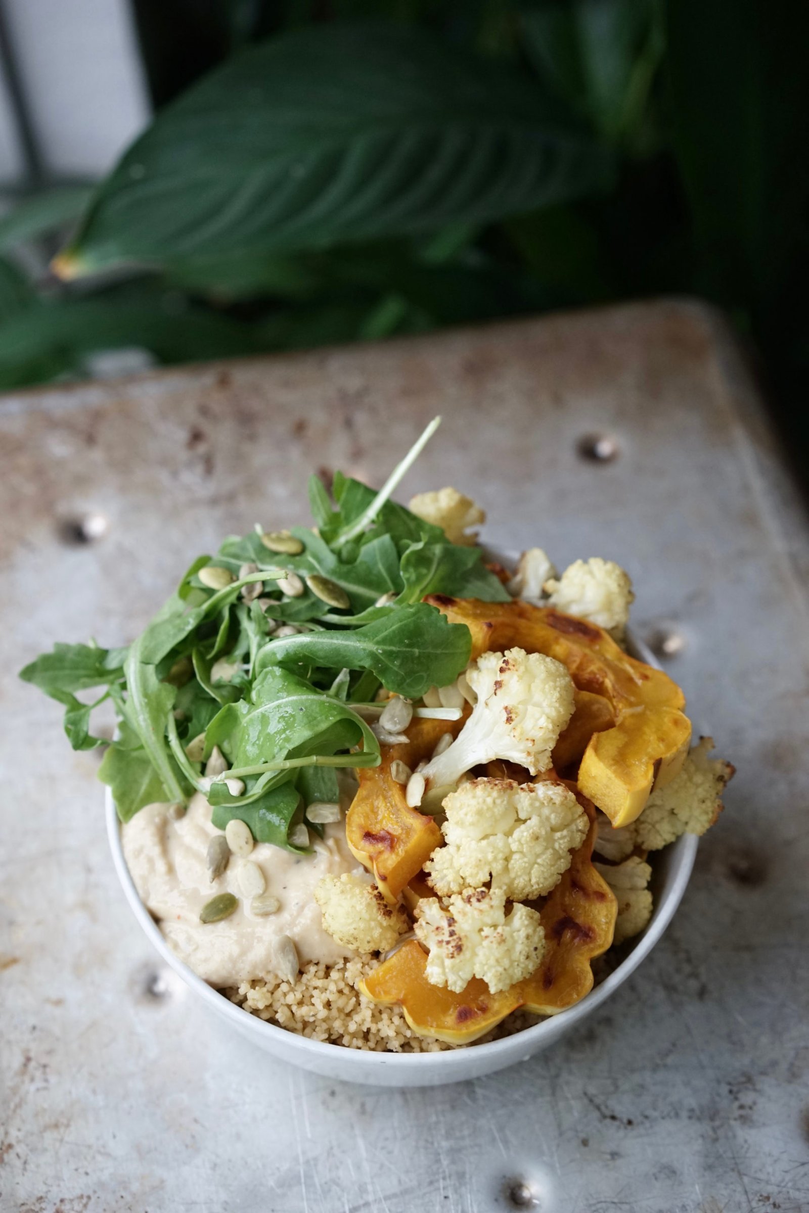 Lemony Couscous with Roasted Delicata Squash, Cauliflower, Hummus & Arugula | Living Healthy in Seattle