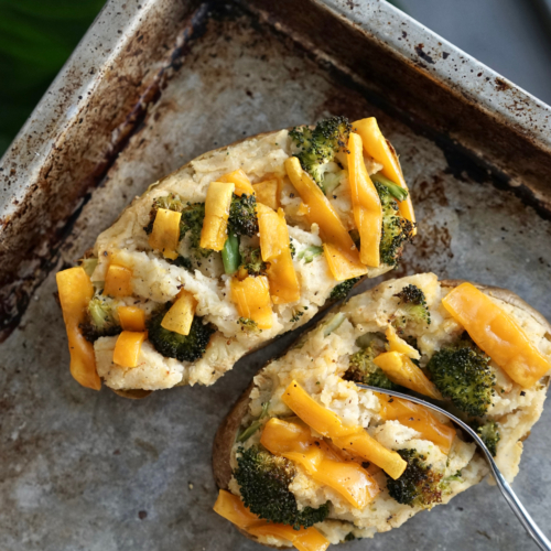 Vegan Broccoli Cheddar Twice Baked Potato with Tempeh Bacon | Living Healthy in Seattle