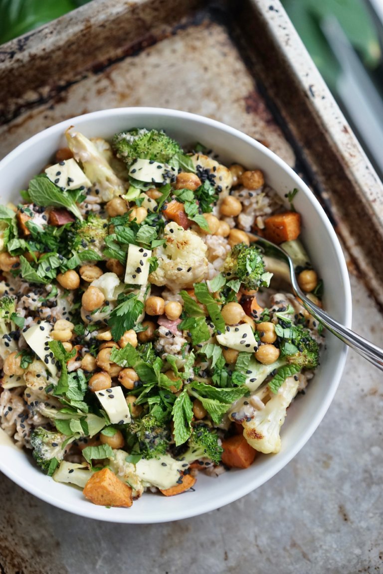 Roasted Veggie Farro Bowls with Avocado & Tahini Living Healthy in