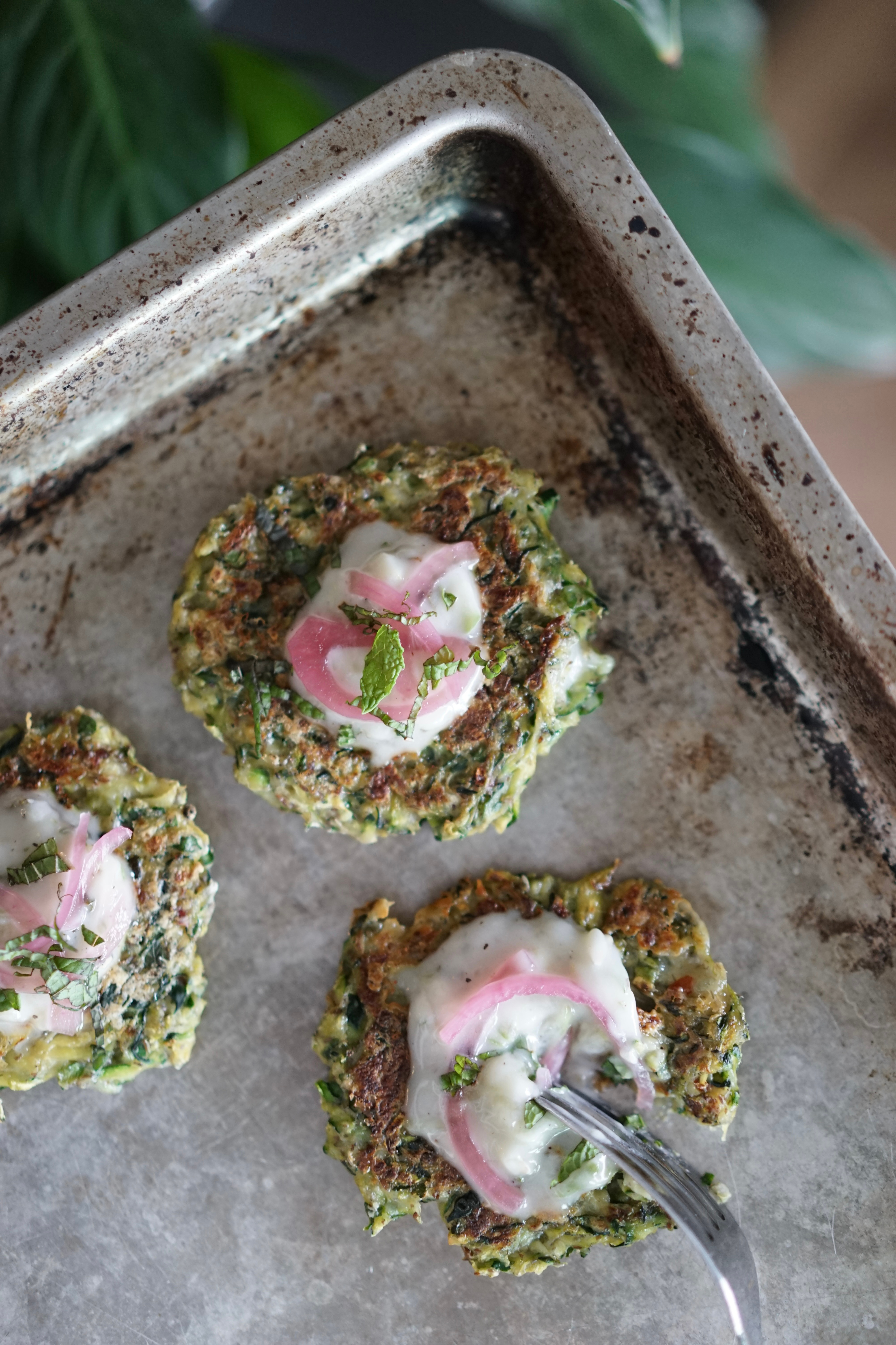 Vegan Zucchini Fritters with Tzatziki & Pickled Onion | Living Healthy in Seattle