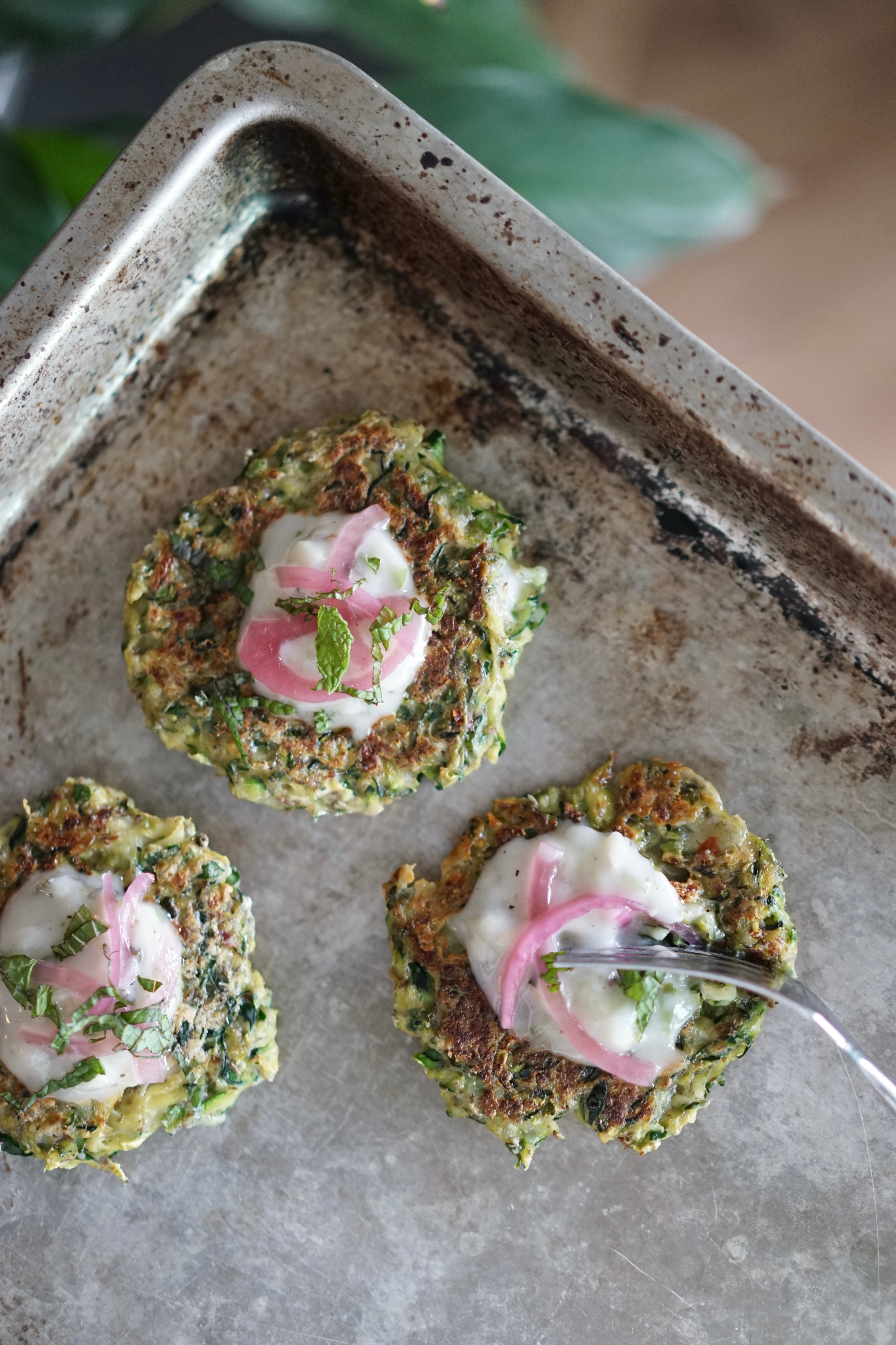 Vegan Zucchini Fritters with Tzatziki & Pickled Onion | Living Healthy in Seattle